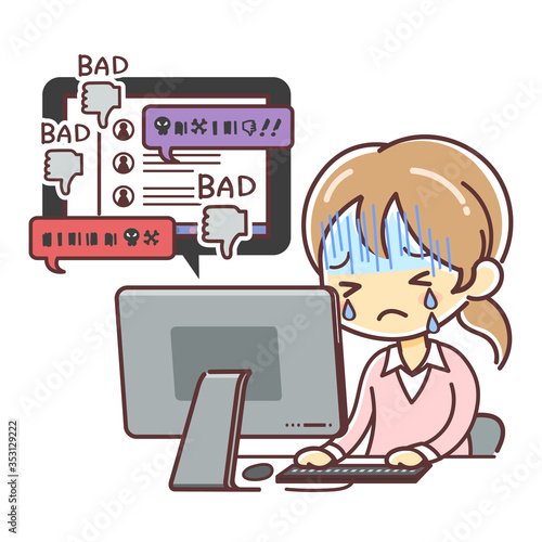 ネットのアンチに傷つき涙を流す女性のイラスト（ひぼう中傷・ヘイト）