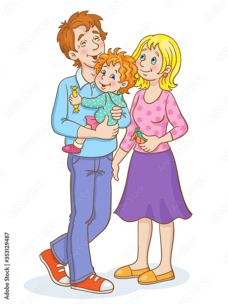 Young parents. Mom and dad with a little daughter in his arms. In cartoon style. Isolated on white background. Vector illustration. Young parents. Mom and dad with a little daughter in his arms. In cartoon style. Isolated on white background. Vector illustration.