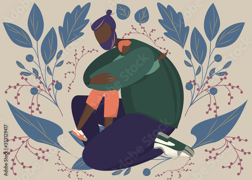Fatherhood portrait lovely happy man with his son. Father holding hugging his child portrait. Flat modern pastel tones illustration design. Family, love, tenderness concept. Floral background