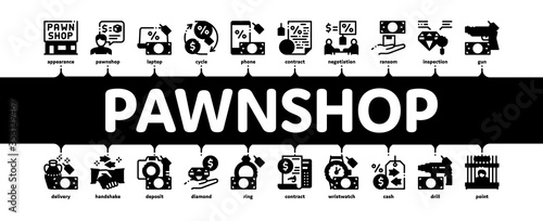 Pawnshop Exchange Minimal Infographic Web Banner Vector. Pawnshop Building And Handshake, Laptop And Phone, Photo Camera And Jewelry Stone Illustration