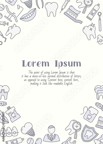 Dentist - vertical card with text and vector color illustrations of medicine, tooth, toothbrush, toothpaste, caries and floss for graphic design