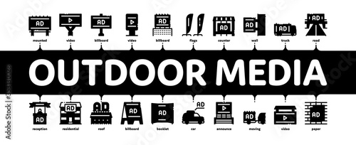 Outdoor Media Advertising Promo Minimal Infographic Web Banner Vector. Advertising Billboard And Tablet, Poster And Banner, Advertise On Car And Building Illustration