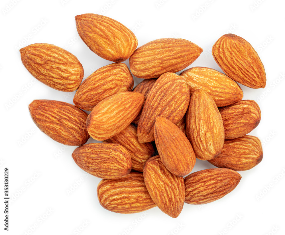Almond nuts Isolated on white background. Heap of dried Almonds Top view. Food Creative layout Almond nuts Isolated on white background. Heap of dried Almonds Top view. Food Creative layout
