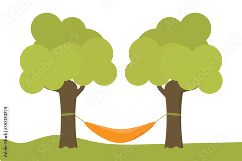 Vector hammock summer illustration. Green tree design in flat.