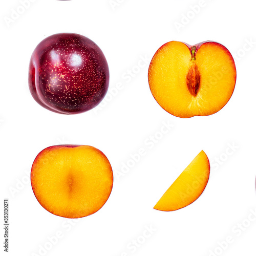 Red Plums fruit with isolated on white Background, top view. Summer creative layout