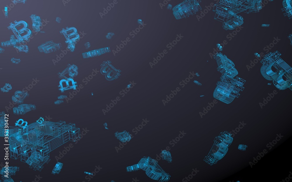 Fototapeta premium Digital currency symbol Bitcoin on a dark background. Fall of bitcoin. crypto currency graph on virtual screen. Business, Finance and technology concept. 3D illustration