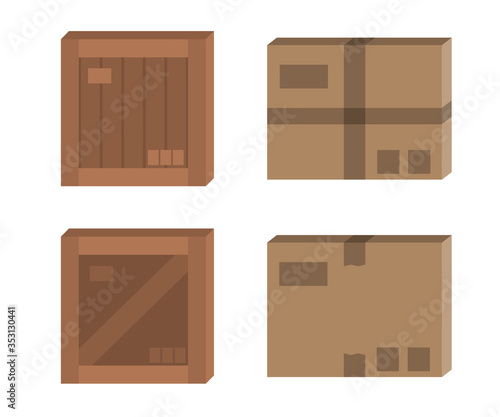 Vector cardboard box mockup set. Carton and wooden box flat illustration.