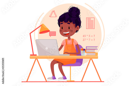 Girl is studying online with the laptop by the table at home. Vector flat illustration for websites on white isolated background. Quarantine stay home pandemic