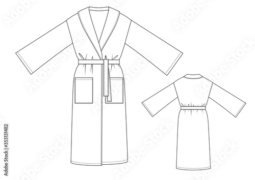 Fashion illustration of bathrobe. Technical drawing wrap coat