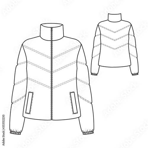 Fashion illustration of quilted jacket. Technical drawing jacket