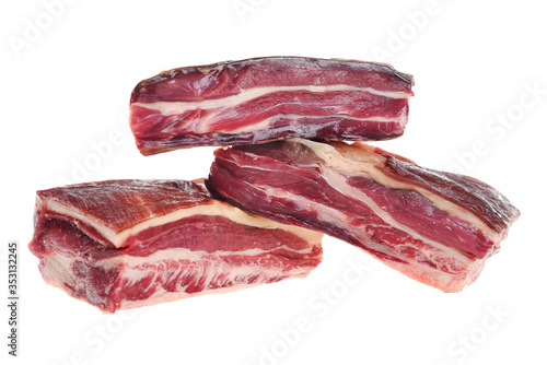 Three pieces of fat streaky beef for soup on white background