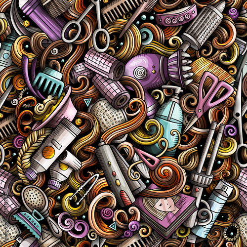 Hair Salon hand drawn doodles seamless pattern. Hairstyle background.