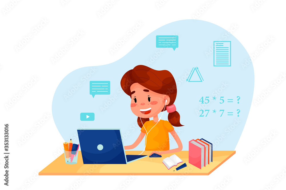 Girl is studying online with the laptop by the table.  flat illustration for websites on white isolated background.
