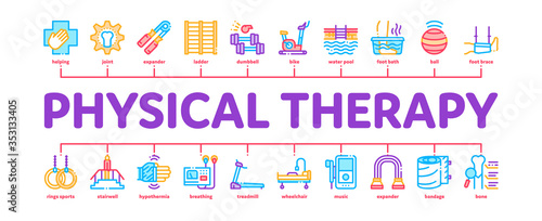 Physical Therapy And Recovery Minimal Infographic Web Banner Vector. Treadmill And Exercise Bike, Dumbbells And Ball Equipment For Physical Therapy Illustration