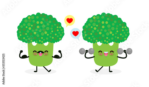 Cute happy broccoli doing exercises with dumbbells and strong broccoli show muscle.Eating healthy food and fitness, Funny vegetable character sport concept isolated on white background vector