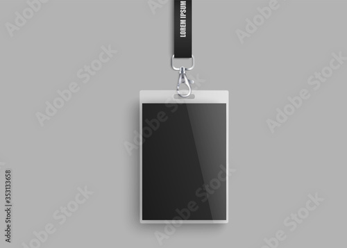 Realistic ID lanyard mockup with blank plastic identity card for photo identification