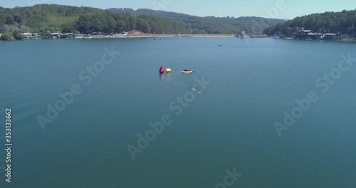 February 2019, Aerial of athletes or swimmers were swimming on Tuyen Lam lake photo