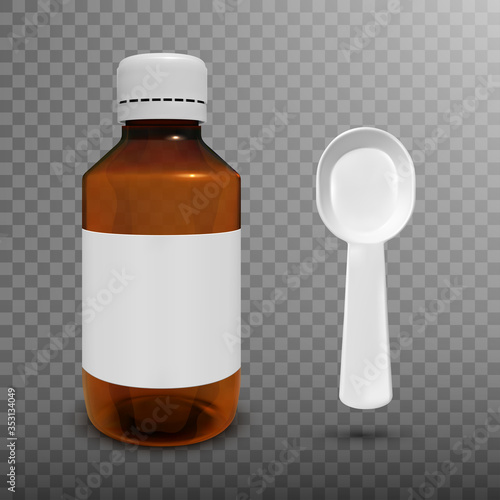 Bottle with medical syrup and measuring plastic spoon on transparent background photo