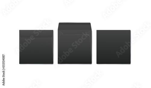 Black square envelope mockup - open and closed from front and back view