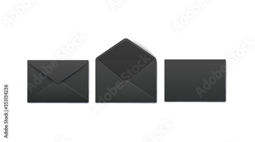 Set of opened and closed realistic black post and mail black envelopes.