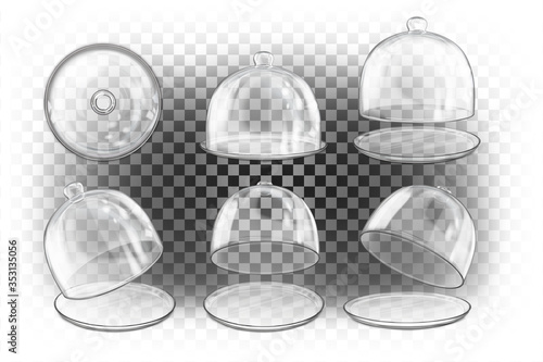 Set of different empty transparent glass vector 3d realistic domes of different views. Empty packaging, cover, container, dome, sphere. Blank template. Cloche for dishes.