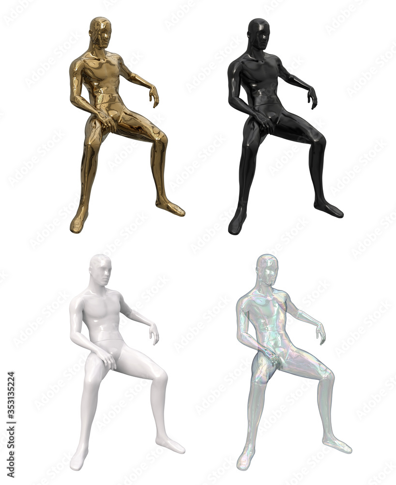 Male figure in a sitting pose. Male plastic mannequin for clothes for display cases of white, black, metallic gold, glass transparent color. Decor for boutiques for clothes. Front view. Male figure in a sitting pose. Male plastic mannequin for clothes for display cases of white, black, metallic gold, glass transparent color. Decor for boutiques for clothes. Front view.
