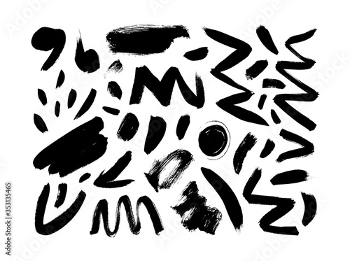 Black dry brushstrokes hand drawn vector set. Curved and zig zag black paint brushstrokes.