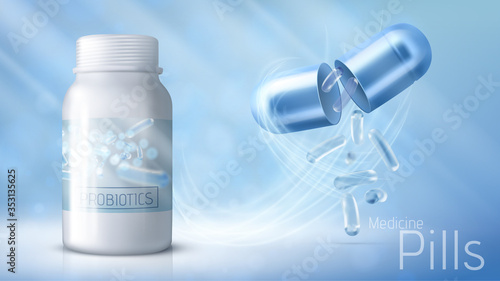 Probiotics vector poster banner template. Probiotic in capsule. Vector illustration