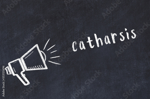 Chalk loudspeaker and inscription catharsis on black chalkboard