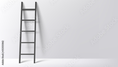 Black ladder on light grey wall background with shadow. Vector illustration