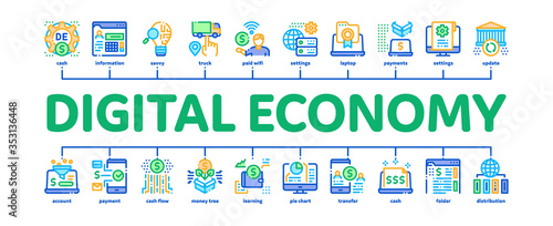 Digital Economy And E-business Minimal Infographic Web Banner Vector. Digital Economy And E-commerce, Idea Research And Cargo Delivery, Computer And Cell Phone Illustration
