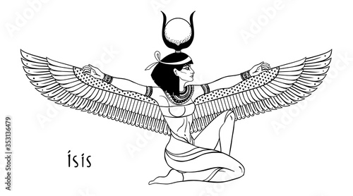 Isis, goddess of life and magic in Egyptian mythology. One of the greatest goddesses of Ancient Egypt, protects women, children, heals sick. Vector isolated illustration in black and white. Winged