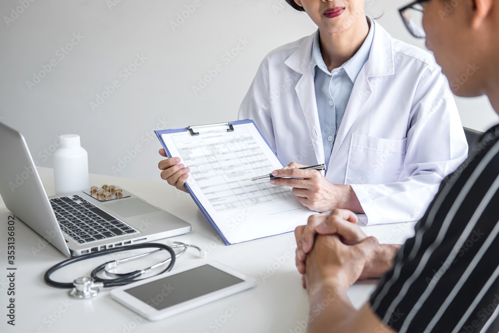 Doctor presenting report of diagnosis, symptom of disease and recommend something a method with patient treatment, after results about the problem illness of patient Doctor presenting report of diagnosis, symptom of disease and recommend something a method with patient treatment, after results about the problem illness of patient
