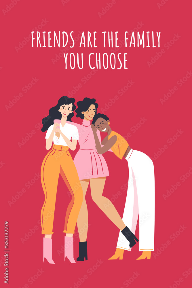 Motivational Card design concept. Friends. Women different nationalities standing and hugging together. Vector cartoon illustration for postacrd, banner, flyer or poster. Motivational Card design concept. Friends. Women different nationalities standing and hugging together. Vector cartoon illustration for postacrd, banner, flyer or poster.