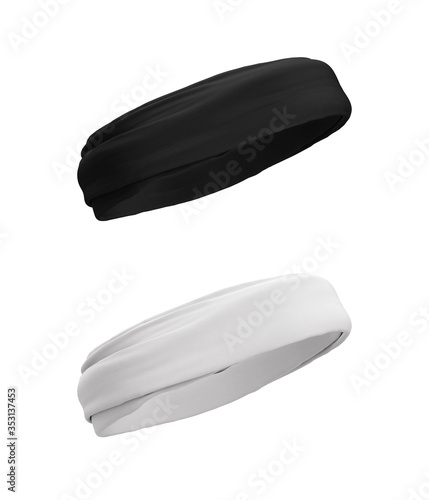 Headband, buff, bandana, turban in white and black. 3d illustration realistic template, mock up, for design, logo, brand. Headgear for sports, fitness. Hair accessory.