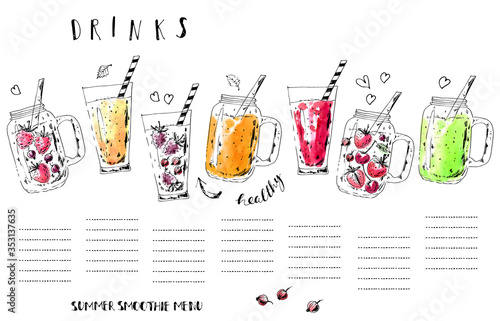 Hand drawn summer fruit smoothie drinks menu. Ink and watercolor stain illustration.