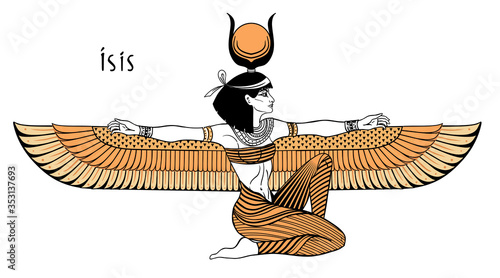 Isis, goddess of life and magic in Egyptian mythology. One of the greatest goddesses of Ancient Egypt, protects women, children, heals sick. Vector isolated illustration. Winged woman. Print, poster.