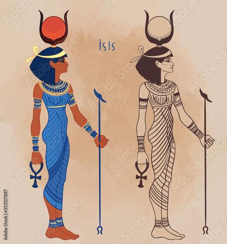 Isis, goddess of life and magic in Egyptian mythology. One of the greatest goddesses of Ancient Egypt, protects women, children, heals sick. Vector illustration over aged background. Standing woman.