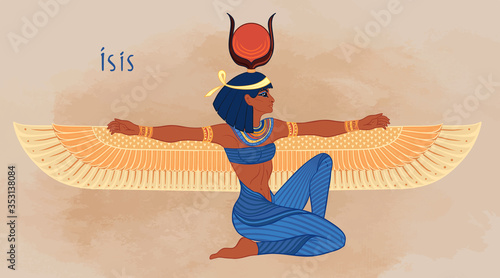 Isis, goddess of life and magic in Egyptian mythology. One of the greatest goddesses of Ancient Egypt, protects women, children, heals sick. Vector illustration over aged background. Winged woman.