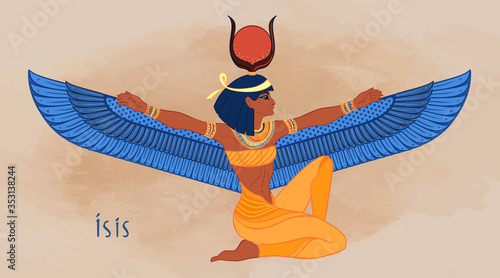 Isis, goddess of life and magic in Egyptian mythology. One of the greatest goddesses of Ancient Egypt, protects women, children, heals sick. Vector illustration over aged background. Winged woman.