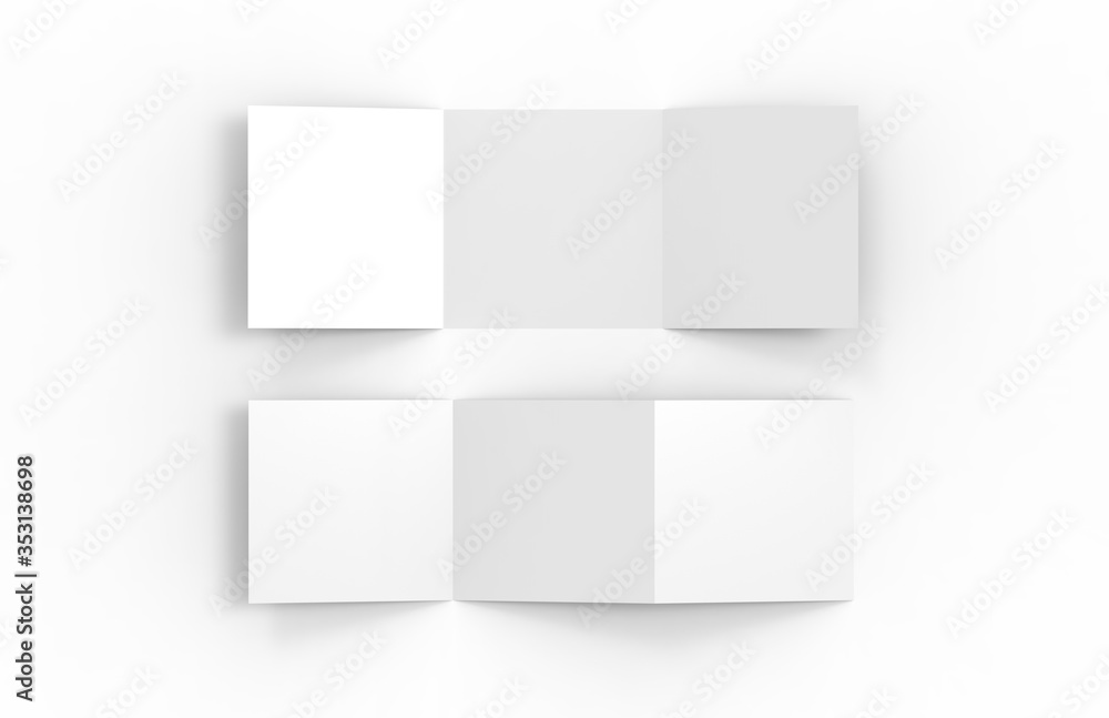 Blank white empty square tri fold catalogue, brochure flyer, changeable background for mock up and template design, 3d illustration Blank white empty square tri fold catalogue, brochure flyer, changeable background for mock up and template design, 3d illustration
