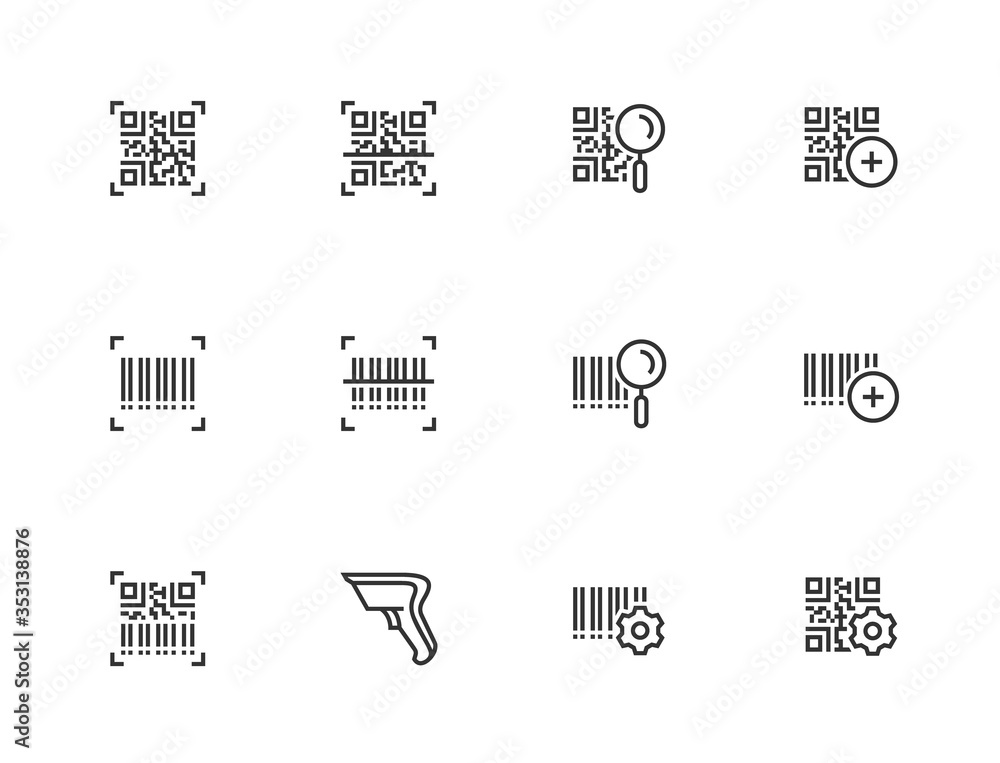 QR Code and Barcode Scanning Related Vector Icon Set in Outline Style ...