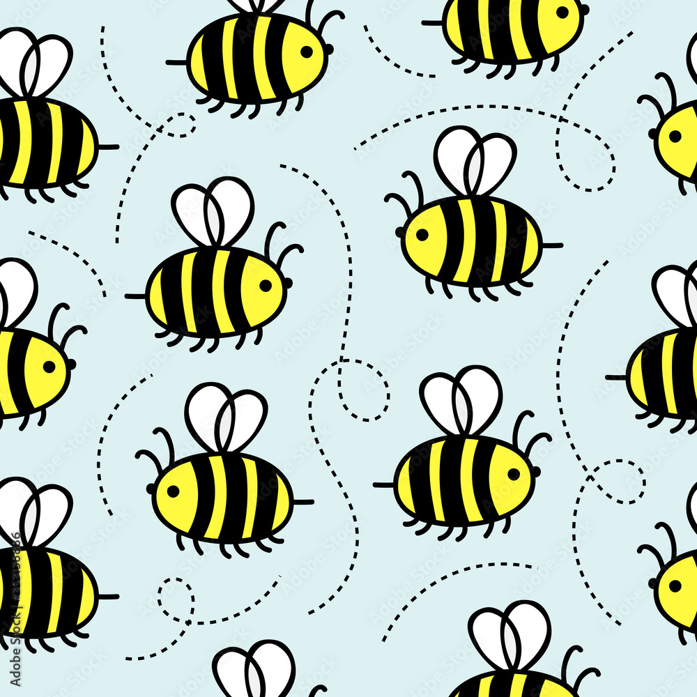 Little cute bees fly in the clouds.Kids seamless pattern.Manual vector doodle illustration. Little cute bees fly in the clouds.Kids seamless pattern.Manual vector doodle illustration.
