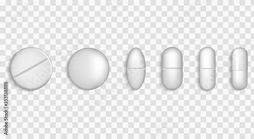 Realistic white pills.  Medical drug tablet for illness and pain treatment: painkiller, vitamin, antibiotic, aspirin. Realistic mock-up of pills packaging