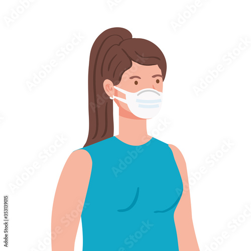 woman using medical protective mask against covid 19 vector illustration design