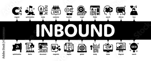 Inbound Marketing Minimal Infographic Web Banner Vector. Growth Roi And Seo, Attract And Crm, Email, And Social Media And Internet Marketing Illustration