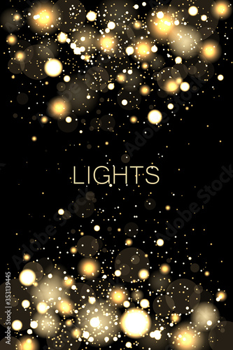 Circle bokeh lights texture backdrop. Luxury gold glitter confetti, yellow golden shiny explosion. Dust white. Sparkling magical dust particles. Magic concept. 