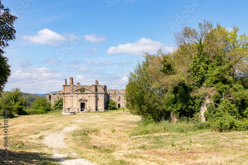 view of the church of san bonaventura in monterano, natural archaeological park for excursions and tourism in nature.Natural reserve with baroque archaeological ruins