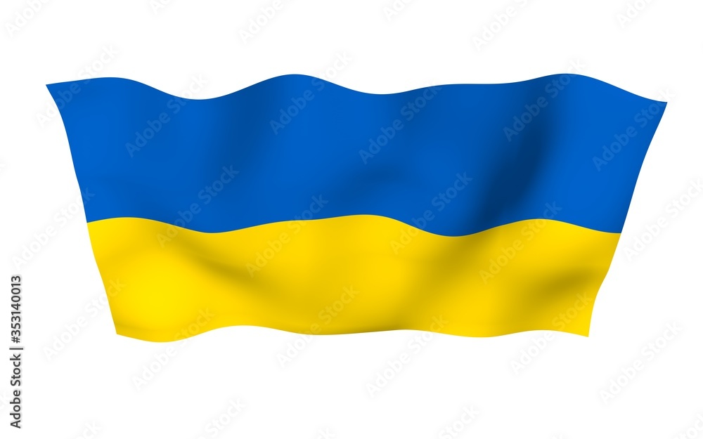 Obraz premium The flag of Ukraine on a white background. National flag and state ensign. Blue and yellow bicolour. 3D illustration waving flag