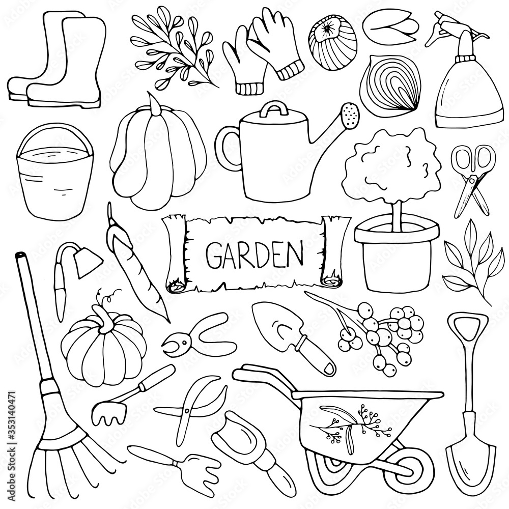 Garden tool. Separate elements for gardening. Vector isolated illustration with a shovel, bucket, gloves, rake, plant, cart, scissors, vegetables on a white background. Garden elements - Doodle style.